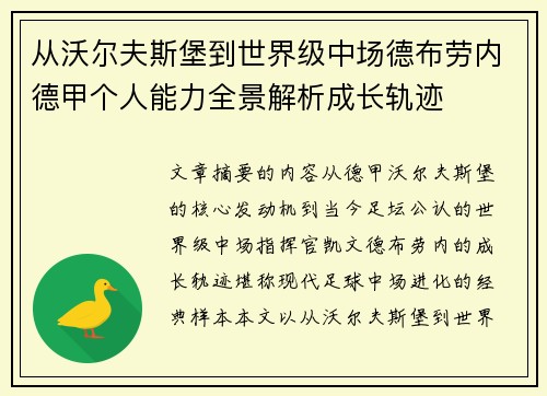 从沃尔夫斯堡到世界级中场德布劳内德甲个人能力全景解析成长轨迹