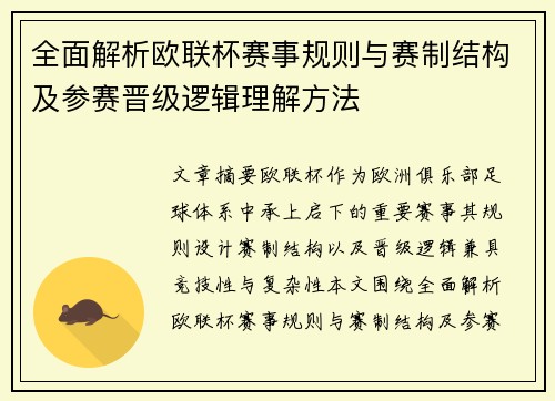 全面解析欧联杯赛事规则与赛制结构及参赛晋级逻辑理解方法